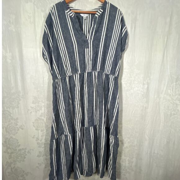 Linen Blend Sundress XXL 20 Blue White Striped Tiered Belted Tank Midi Time Tru - Picture 1 of 8